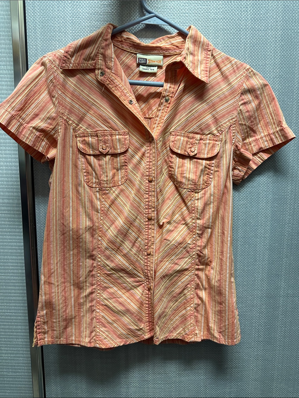Short-Sleeve Striped Button-Up Shirt In Coral, Pink, Yellow And Lite Orange